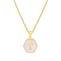 Golden hexagon necklace with pink enamel and a gold letter T pendant for women - Pink Shell T