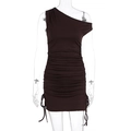 Detail of the brown ruched knit dress with adjustable side drawstrings and rib texture - S / Brown