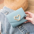 Light blue faux leather mini tri-fold wallet with golden heart-shaped metal buckle - Blue