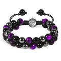 Detail of adjustable braided double-row natural stone bead bracelet with metal charm - 7A Purple Tiger Eye with Buckle