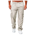 Detail of light khaki cargo pants featuring large side flap pockets and reinforced stitching - Beige Grey