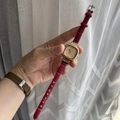 Elegant ladies' square gold watch with red leather strap and rhinestone bezel - Red (70189)