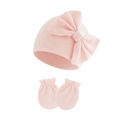 Close-up of pink knit baby beanie with large bow and matching anti-scratch mittens - Light Pink