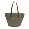 Sage green woven straw tote bag featuring brown leather straps and large capacity - Zipper Closure / Green