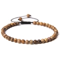 Adjustable 4mm brown natural stone beaded bracelet with black woven cord and lucky butterfly - Picture Jasper