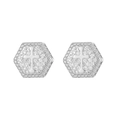 Macro shot of silver hexagonal hip hop stud earrings with cross micro-pave cubic zirconia - Platinum + White