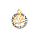 Golden Tree of Life charm pendant with a ring of blue rhinestones and a polished finish - Blue Gold Plated