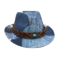 Retro patchwork denim cowboy hat featuring turquoise stone and brown braided leather strap - Kids Size / Light Blue