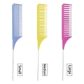 Set di 3 pettini a coda in plastica termoresistente con punte in metallo, blu, giallo e rosa - Azzurro Giallo Rosa