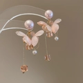 Macro shot of long floral tassel earrings with pink pearls and gold chains - Pink Purple Transparent Petal Tassel (47# Silver Needle)