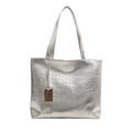 Silver crocodile embossed large tote bag with metallic finish and dual straps on white background - Silver