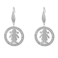 Silver drop earrings featuring a girl silhouette and sparkling crystal-set round frame - Silver Little Girl Style (KE79893-GC)