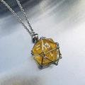 Unique D20 yellow dice pendant necklace with silver metal mesh cage and chain - Silver Cage with Yellow Dice