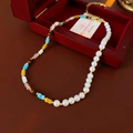 Baroque freshwater pearl and colorful beads necklace in gold finish with jewelry box - Colorful Pearl Tiger Eye Faux Stone Necklace (#11)