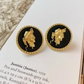 Pendientes de botón vintage dorados con relieve de retrato y base negra estilo retro - 46# Negro Poste de Plata