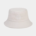 Detail view of smiley face embroidery on a beige cotton bucket hat with stitched brim - One Size / Beige