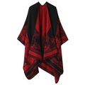 Detail of red and black knit shawl featuring an intricate forest and deer scenic pattern - One Size / Deer - Black Red