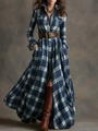 Robe longue à carreaux vintage grande taille avec ceinture en cuir marron élégante - S / Haut Et Bas / N° 4 Plaid Bleu (Avec Ceinture)