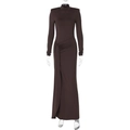 Detail of dark brown slim-fit midi dress with turtleneck and side ruching detail - S / Brown