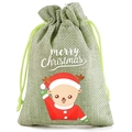 Detail of green burlap Christmas gift bag featuring a cute cartoon reindeer and drawstring - 9*12cm / Christmas 04-Green Reindeer