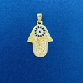 Golden Hamsa Hand pendant with cubic zirconia and blue evil eye charm detail - Hamsa Hand Fatima Pendant (776)