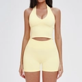 Ensemble de yoga sans couture pour femme avec crop top dos nu et short taille haute jaune - L / Haut Et Bas / Soutien-gorge + Short / Jaune Clair de Lune