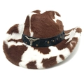 Detail of cow print faux fur cowboy hat with leather band and gold bull head buckle - M (56-58cm) / Straight Crown Coffee