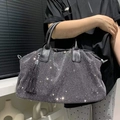 Elegante bolso tote negro con diamantes de imitación y asas de cuero para mujer - Plateado