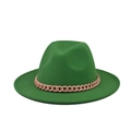Detailed view of dark green wool fedora hat featuring a stylish pink matte plastic chain - Dark Green (13)