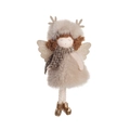 Plush Christmas angel reindeer ornament in beige and gold with sequins and faux fur - Khaki Plaid Scarf Plush Angel