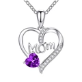 Vintage silver heart necklace with purple stone and Mom pendant on white background - Purple (XL925)