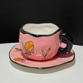 Pink ceramic coffee cup and saucer set with orange flower patterns and black cow print accents - 250ML / Pink with Black Edge
