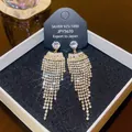 Long S925 silver tassel earrings with sparkling cubic zirconia on a black display card - E0315 Gold Silver Needle (Full Diamond Dynamic Long Tassel Gold)
