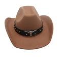 Camel wide brim western cowboy hat with studded leather band and silver bull head icon - One Size (57cm) / Khaki