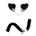 Cosplay set featuring black faux fur cat ears and tail with pink bows and golden bells - Pure Black Cat Ears Headband + Tail