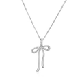 Detail of silver bow pendant with micro-paved cubic zirconia and metallic ribbon tassels - Style D-Pave Tassel Bowknot / White Gold