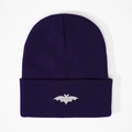 Dark purple knitted beanie hat featuring a grey bat embroidery with a folded cuff design - Navy Blue