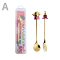 Christmas gold spoon and fork set featuring Santa Claus and tree motifs in a clear box - Hanging Box 2-Piece Set A
