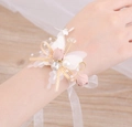 Elegant floral wrist corsage with pink and white flowers, pearls and satin ribbon - Small Wrist Corsage-Pink