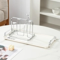 Silver rabbit-top cup holder with white rectangular tray and luxury silver handles - House Milk White Large Tray With Handles + 6 Cup Rack