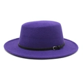 Detail of deep purple wool boater hat with thin black leather strap and metal buckle - M (56-58cm) / Purple