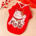 Red festive pet sweater with Maneki Neko pattern and traditional Chinese knots - XS / Lucky Cat Sweater