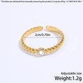 Adjustable golden stainless steel ring with rope texture and sparkling zircon stone - Twist Rope Round Zircon / Gold