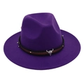Close-up of purple fedora hat with vintage bull skull emblem and studded leather band - Purple