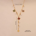 Golden stainless steel Y-necklace with colorful clover charms and white pearls - Style 1 Flower Clover