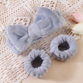Plush coral fleece set with light purple bow headband and matching wristbands - 3-Piece Headband Set / Gray