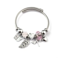 Detail of steel cable charm bracelet with pink enamel flower and butterfly charms - Leaf Butterfly Dragonfly (C2-010) / Pink
