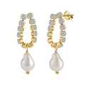 Golden S925 silver earrings featuring zircon circle and white baroque pearl drops - GPE76-14K Zirconia Ring Baroque Pearl Drop / Gold