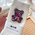 White ribbed cotton socks featuring a colorful rhinestone teddy bear ornament on the side - One Size (EU 34-39) / White
