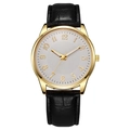 Detail view of quartz watch with gold alloy case and black crocodile leather strap - White Dial Black Strap